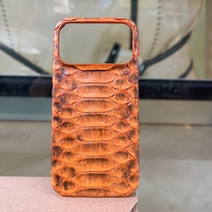 Handmade Orange Python Leather iPhone Case: Exotic Snakeskin Cover