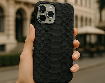 Custodia MagSafe per iPhone 17 in pelle di pitone nera fatta a mano: custodia in pelle di serpente esotica