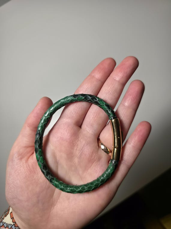Green Python Leather Bracelet – Handmade Exotic Skin Jewelry, Gold Clasp