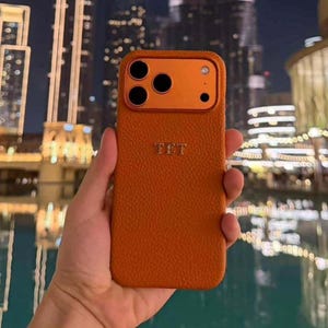 Personalized Leather iPhone Magsafe Case Custom Initial: Genuine Cowhide Orange Leather Cover