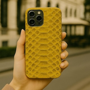Handmade Yellow Python Leather iPhone 16 Pro Max Magsafe Case: Exotic Snake Skin, Genuine Leather, Mag Safe