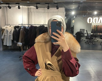 Vest van vossenbont: gilet - wollen gilet dames - camelwollen gilet voor dames - leren lang gilet