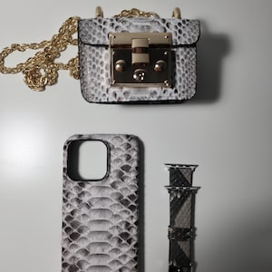 Python Leather Gift Set – Handmade Exotic Mini Bag, iPhone Case & Apple Watch Band – Luxury Matching Accessories for Her - Accessory set