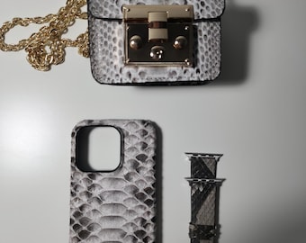 Handgemaakte pythonleren cadeauset – minitasje, iPhone-hoesje en Apple Watch-bandje