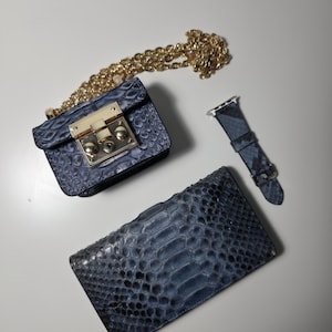 Luxury Python Leather Set – Blue Exotic Bag + Wallet + Apple Watch Band – Handmade Snake Skin Accessories Gift Set – Unique Gift for Her