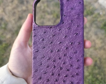 Coque MagSafe pour iPhone en cuir d'autruche - Coque de luxe fine violette faite main, coques de téléphone, Mag Safe
