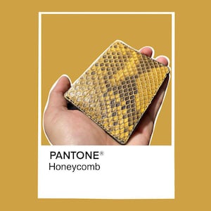 May include: A rectangular wallet with a yellow and brown snakeskin pattern. The image is set against a mustard-yellow background with the text "PANTONE&reg; Honeycomb". The wallet appears to be made of leather. The background is a shade of yellow.
