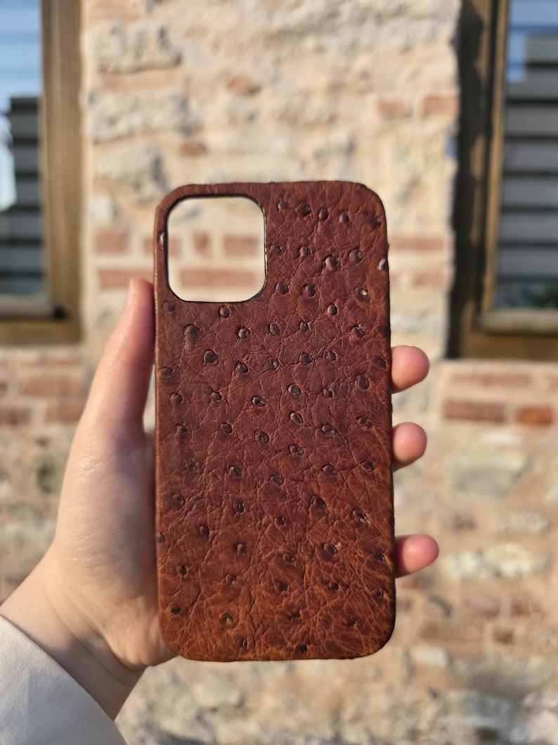 Pode incluir: Capa de telefone de couro castanho com superf&iacute;cie texturizada e recorte para a c&acirc;mara. A capa tem formato retangular com cantos arredondados e uma s&eacute;rie de pequenas reentr&acirc;ncias espa&ccedil;adas uniformemente. A capa &eacute; segurada em uma m&atilde;o.