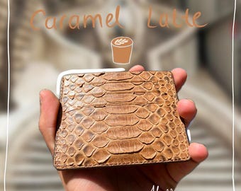 Leren python-kaarthouder: handgemaakte karamel, luxe slanke portemonnee