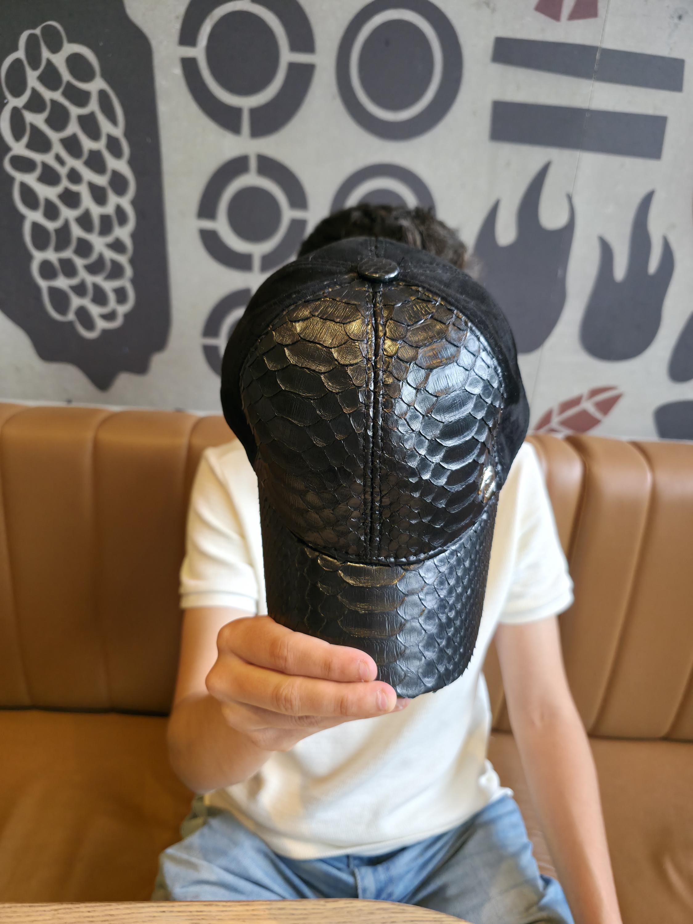 Black Python Leather Baseball Cap – Handmade Exotic 