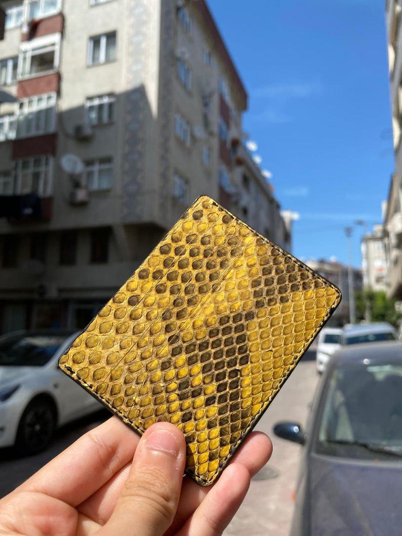 May include: A yellow and brown snakeskin-patterned wallet. The rectangular wallet has rounded corners and a black border. The snakeskin pattern is detailed and textured, with yellow and brown scales. The wallet is held in a hand.