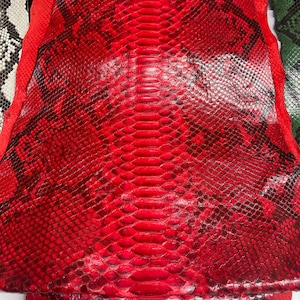 Peut inclure: Gros plan sur du cuir de peau de serpent rouge avec un motif texturé. Le cuir a une teinte rouge vif avec des accents rouge foncé et noirs. Les écailles sont clairement visibles, créant une apparence détaillée et luxueuse. Les bords sont bordés d'une bordure rouge.