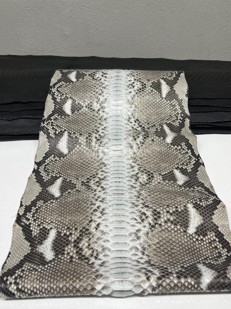 以下が含まれることがあります： グレー、白、茶色の鱗模様のヘビ革。 ヘビ革は折りたたまれており、背景には黒い革素材が見えます。 ヘビ革は質感のある表面です。