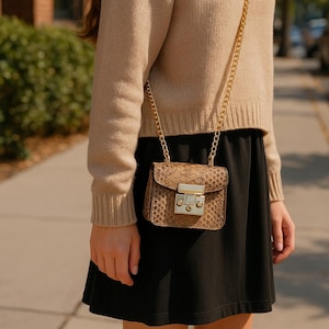 Puede incluir: Un pequeño bolso marrón texturizado con una correa y un cierre de cadena dorados. El bolso se lleva sobre una falda negra y un suéter beige. El diseño del bolso se asemeja a la piel de serpiente.