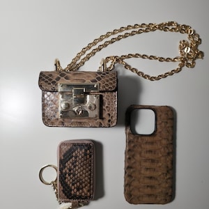 Handmade Genuine Python Leather Gift Set – Luxury Exotic Snake Skin Phone Case, Mini Bag & Key Wallet – Unique Accessories for Her