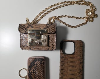 ハンドメイドパイソンレザーギフトセット：iPhoneケース、ミニバッグ、キーウォレット