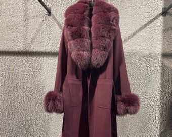 Handmade Cashmere Burgundy Coat: Real Fox Fur Collar, Artisan Outerwear, Leather Trench Coat