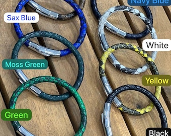 Handgemaakte leren python-armband – gevlochten stijl, roestvrijstalen sluiting