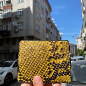 May include: A yellow and brown snakeskin-patterned wallet. The wallet is square-shaped with a black border. The snakeskin pattern is a mix of yellow and brown scales. The wallet is held up against a background of buildings and a blue sky.