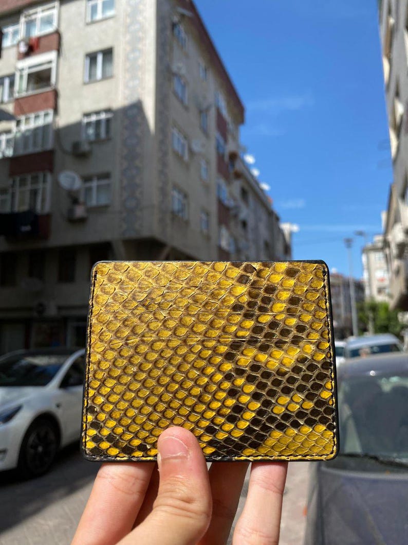 May include: A yellow and brown snakeskin-patterned wallet. The wallet is square-shaped with a black border. The snakeskin pattern is a mix of yellow and brown scales. The wallet is held up against a background of buildings and a blue sky.