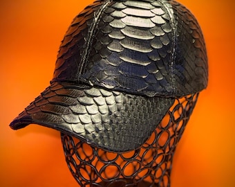 Chapeau en cuir de python véritable - Casquette de baseball noire de luxe faite main | Usine de cuir véritable