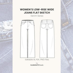Puede incluir: Croquis de dibujo plano de jeans de pierna ancha de tiro bajo para mujer. El croquis muestra las vistas frontal y posterior de los jeans. El texto "WOMEN'S LOW-RISE WIDE JEANS FLAT SKETCH" y "Denim Series" está en la parte superior de la imagen. El texto "Editable AI, PDF, PNG Files" y "by BLANKNOTE Studio" está en la parte inferior de la imagen.
