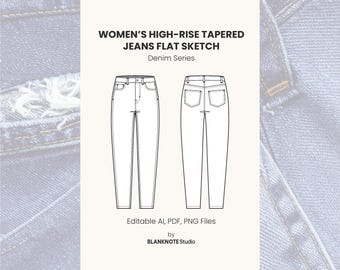 Women's High-Rise Tapered Jeans Flat Sketch - Front & Back View - Editable AI, PDF, PNG Files