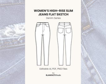 Women's High-Rise Slim Jeans Flat Sketch - Front & Back View - Editable AI, PDF, PNG Files