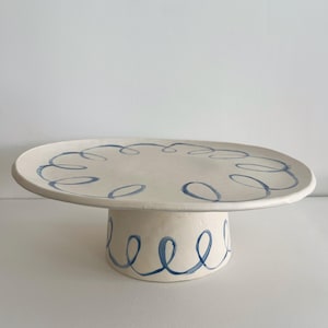 Handmade Ceramic Cake Stand, Matt Glazed Stoneware Platter, Blue Swirl Design (Made to order)