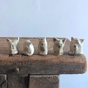 Può includere: Cinque piccole statuette di animali in ceramica scolpite a mano disposte in fila. Ogni pezzo color bianco sporco presenta semplici dettagli disegnati a mano con inchiostro nero che raffigurano tratti del viso e texture del pelo, con una finitura rustica.