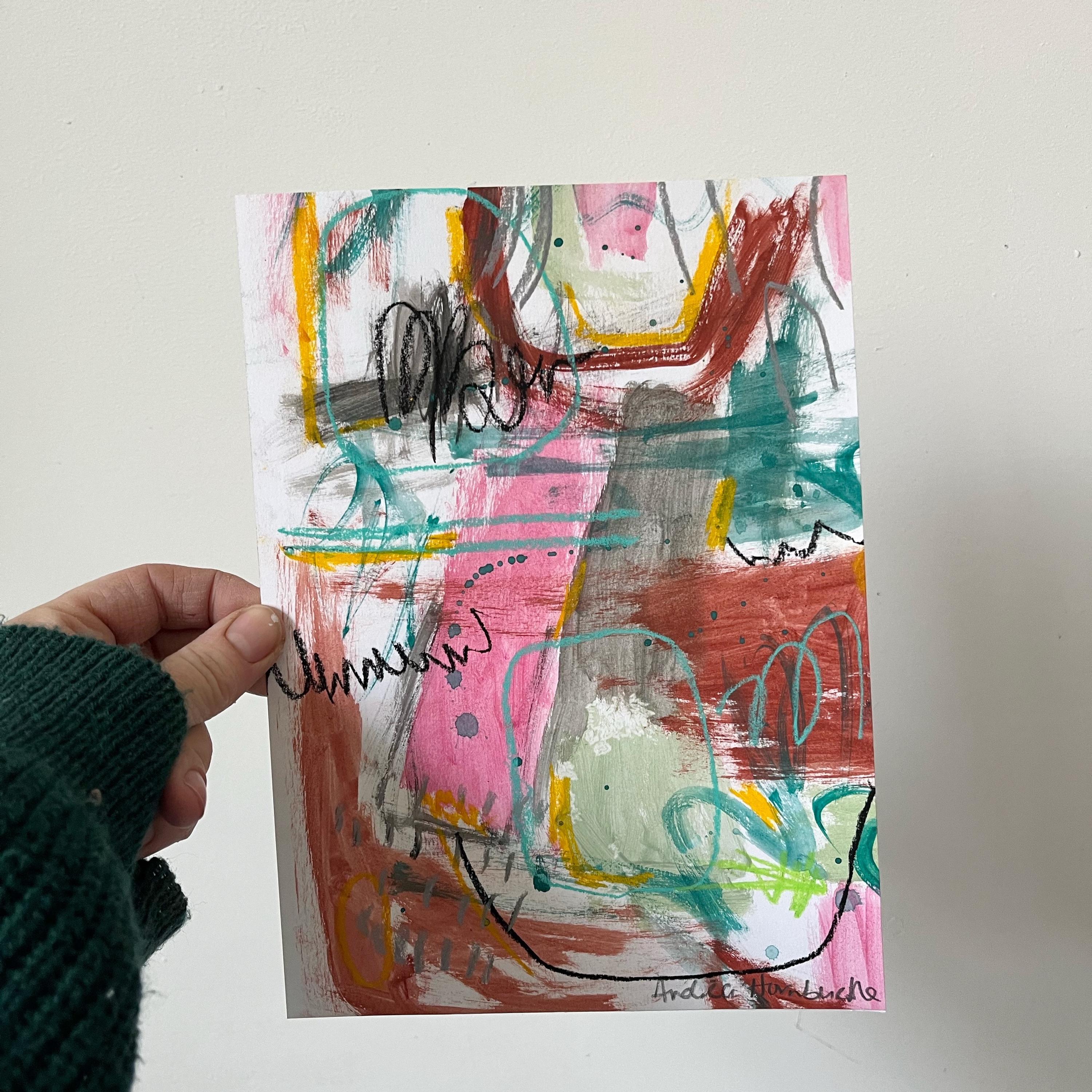 オリジナルの抽象的なミクストメディア絵画：カラフルなA4アート