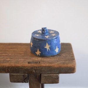 Può includere: Un piccolo vaso rotondo in ceramica blu con coperchio, decorato con motivi a stella bianchi. Il vaso è appoggiato su una superficie di legno rustico. Il coperchio ha una piccola maniglia quadrata. Il vaso misura circa 10 cm di diametro.