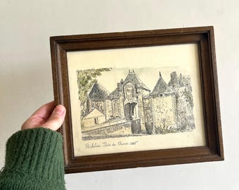 Dibujo lineal vintage en acuarela, obra de arte original. Obra de arte vintage enmarcada.