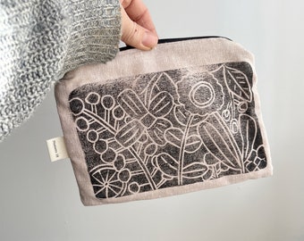 Handmade Handprinted Fabric Pouch Pencil case Makeup Bag Bockprint Zipped pouch  Hand sewn Clutch bag