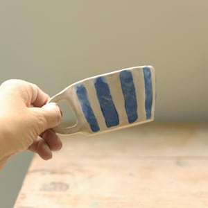 Ceramic Coffee Cup Coffee Mug Flat White Cappuccino Cup Striped Cup Handmade Coffee Cup Blue Stripes