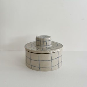 Può includere: Un vaso di ceramica color crema con un motivo a griglia blu. Il vaso ha un corpo cilindrico e un coperchio piatto e circolare con una piccola maniglia rialzata. Il design è semplice e moderno. Misure in centimetri.