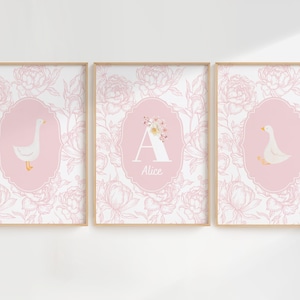 Custom Pink Goose Nursery Wall Art Set – 3 Piece Digital Download – Personalized Baby Name Print – Girl Nursery Decor – Floral Animal Print
