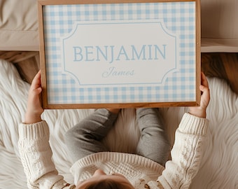 Personalized Name Nursery Print: Blue Gingham Boys Room Decor (Digital Download 24x18 inches)