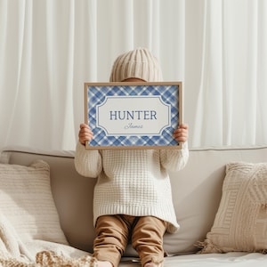 Personalized Blue Gingham Name Print – Custom Boy Nursery Wall Art | Digital Download