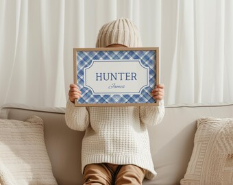 Personalized Blue Gingham Name Print – Custom Boy Nursery Wall Art | Digital Download