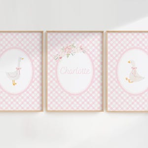 Custom Pink Gingham Nursery Wall Art | Set of 3 Digital Prints | Goose & Baby Name Printable | Girl Nursery Decor | DIGITAL DOWNLOAD