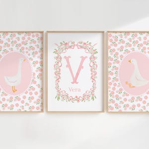 Personalized Goose Nursery Wall Art Set – Pink Floral Baby Girl Name Print – Custom Initial Animal Print for Nursery Decor - DIGITAL PRINT