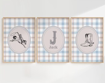 Personalized Cowboy Nursery Art Set: Blue Gingham Western Decor (Digital File)
