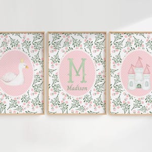Personalized Princess Nursery Wall Art | Swan, Castle & Monogram Name Print Set | Floral Baby Girl Room Decor | Digital Download
