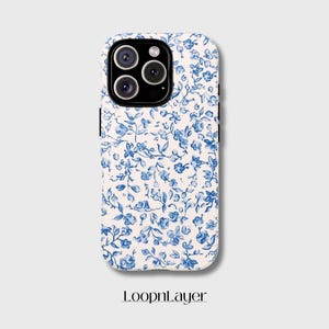Funda para iPhone con estampado floral azul: Estampado de flores de acuarela, protección resistente de doble capa