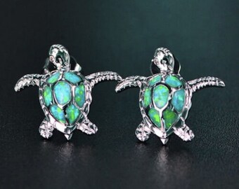 Sea Turtle Stud Earrings 925 Sterling Silver Plated Green Opal Fire