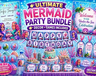 Lot de décorations imprimables sirène sous la mer, invitation d'anniversaire, bannière, étiquettes de décoration, lot d'étiquettes de faveur