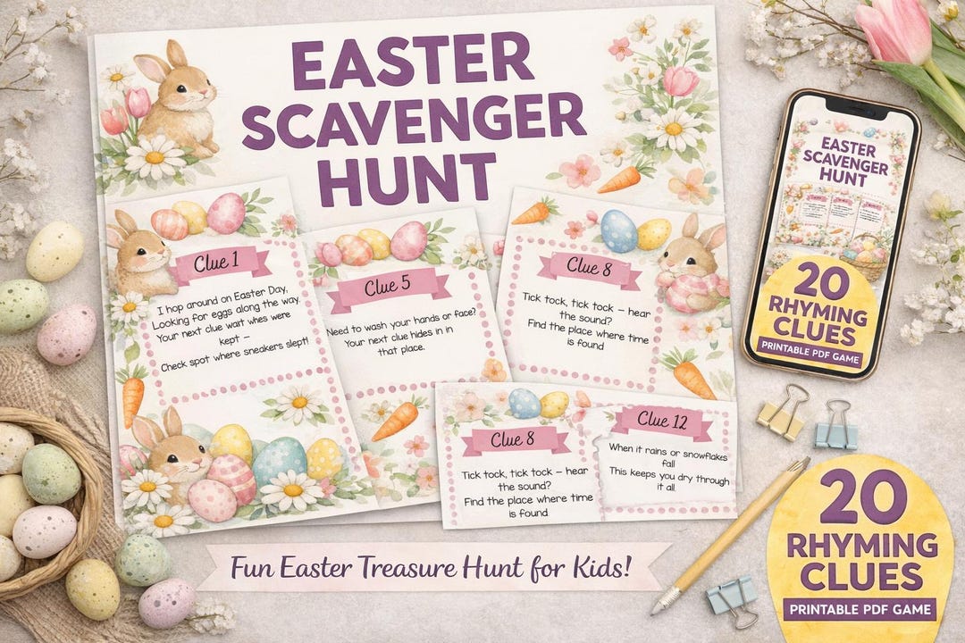 Easter Scavenger Hunt Clues for Kids Printable, Easter Treasure Hunt ...