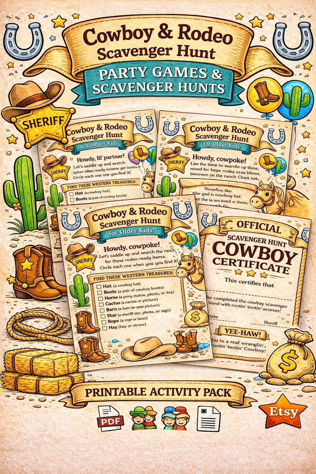 Birthday Scavenger Hunt Printable Cowboy Rodeo Game | My First Rodeo ...