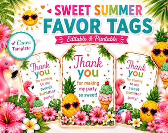 Sweet Summer Birthday Favor Tag Printable Tropical Thank You Digital Download Template